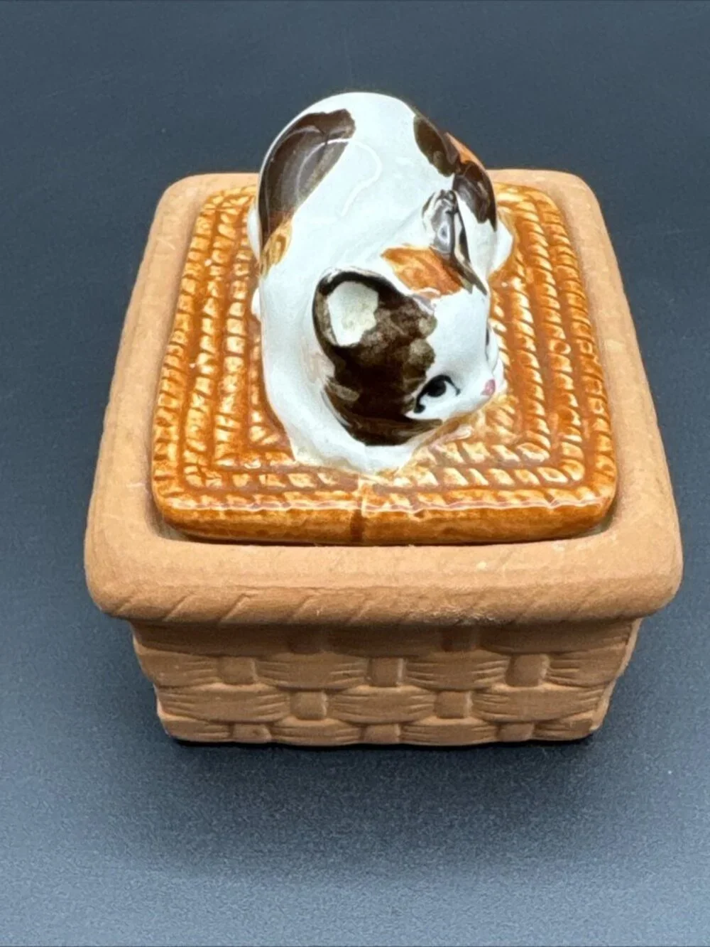 Vintage Ceramic Calico Cat Kitty On Nest Trinket Box Cottagecore